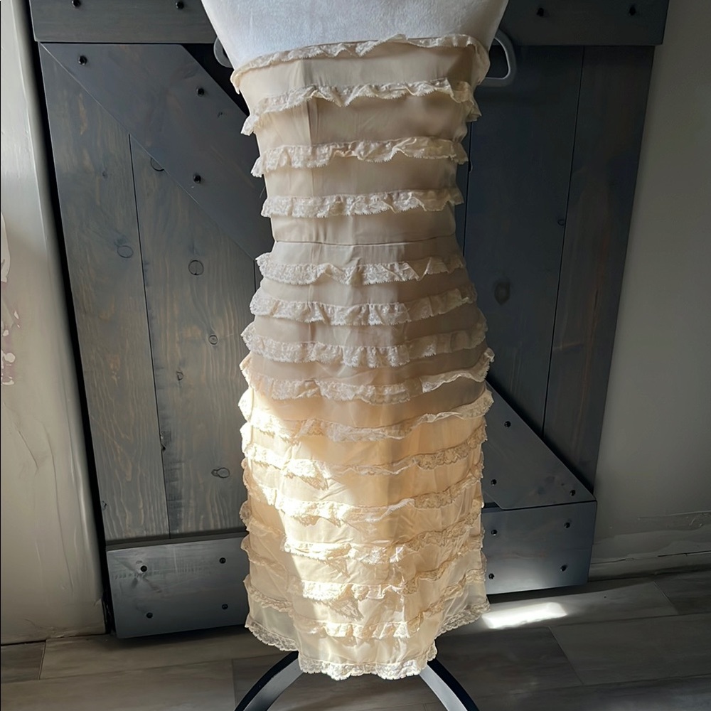 90’s Vintage Betsey Johnson Cream Silk Dress lace pencil style strapless